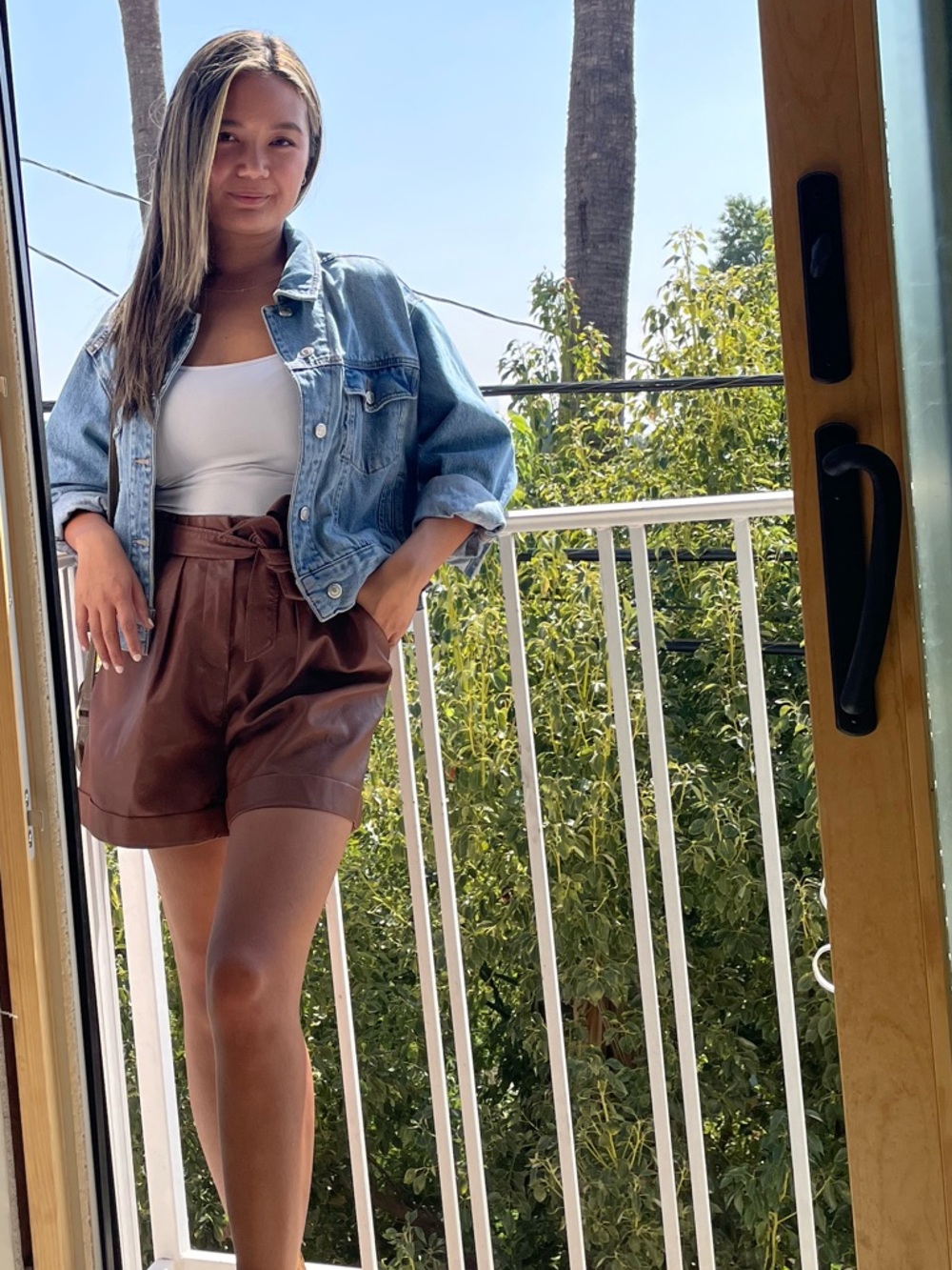 FRNCH High-Waist Brown Faux Leather Paperbag Shorts with Tie